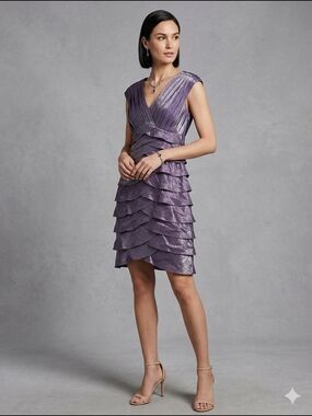 Adrianna Papell Purple Tiered Ruffle Sheath Cocktail Dress Women's Size 6